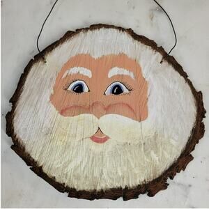 VINTAGE Wood Santa 8" Hand Painted Tree Bark Door Knob Decor Christmas Folk Art